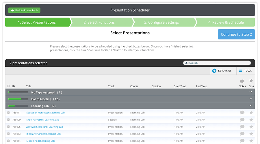 The Presentation Scheduler allows you to import your presentation data from the Harvester even before you have dates and time slots associated with those presentations. The Logistics Module will allow you to sort your presentations and assign them to different functions in bulk, so you’ll spend less time sorting through all that data.