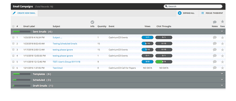 As always, emails are organized into a bucketing system so you can quickly find and access Drafts, Templates, Sent, and Scheduled emails.