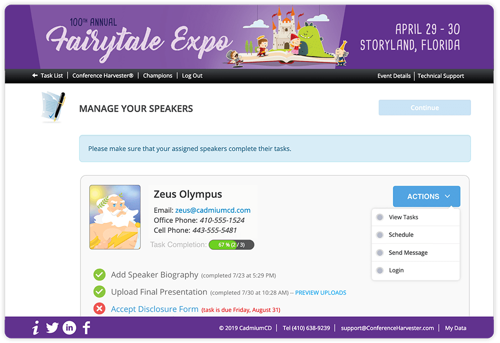 Champions have a special dashboard through which they can manage tasks and details for multiple speakers.