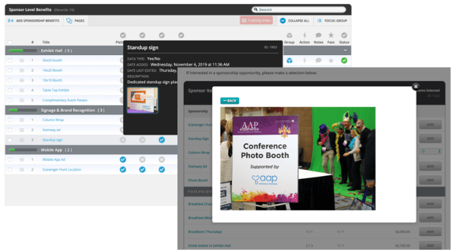 Screenshots of uploading images to sponsorship items and how they're displayed to exhibitors and sponsors considering purchasing these items