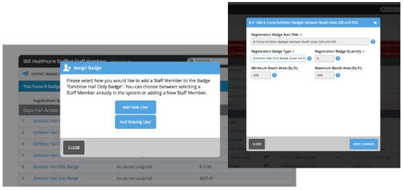 Screenshots of assigning a badge to booth staff and creating a badge type