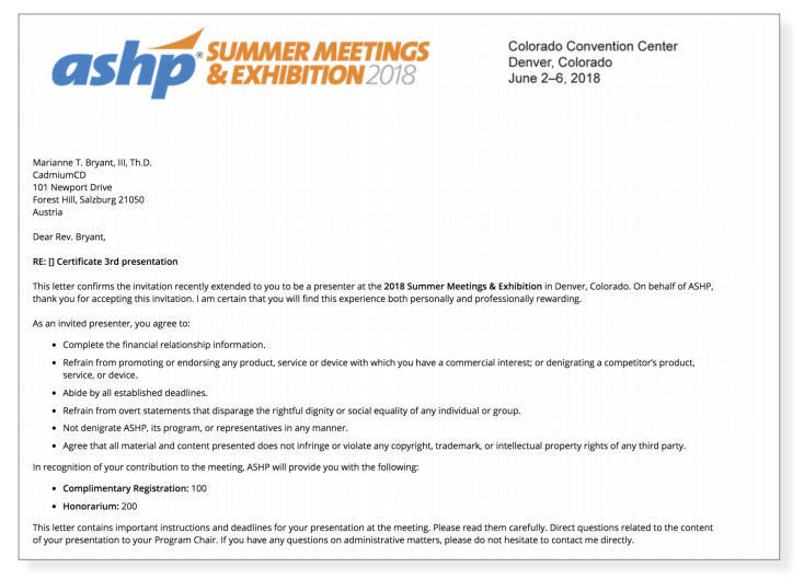 We generated a confirmation letter that speakers needed to approve before participating in the conference by re-tooling the newly created Speaker Certificate Task.