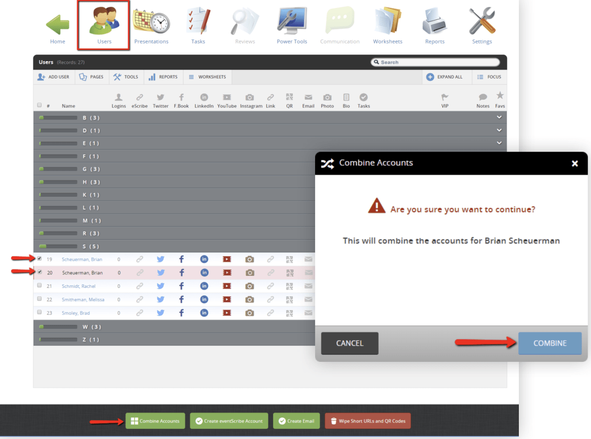 Due to GDPR restrictions, combining duplicate accounts can no longer be performed by CadmiumCD team members.  Instances of duplicate accounts can happen after a Scorecard migration or through a Harvester import.  We have developed tools for you as an admin to quickly compare two users with similar information, and choose the most up to date account.  This is a necessary step to perform to prevent duplicate accounts from showing on  the Website or Mobile App.