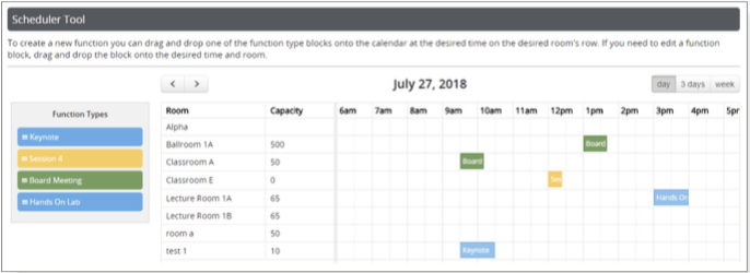 As the Function Type is dragged on to the calendar, it will assign a date, time and room, creating an outline of Functions for an event. These can be assigned before presentations are selected for specific Functions. The Scheduler Tool is a part of the first phase of the Logistics Module.
