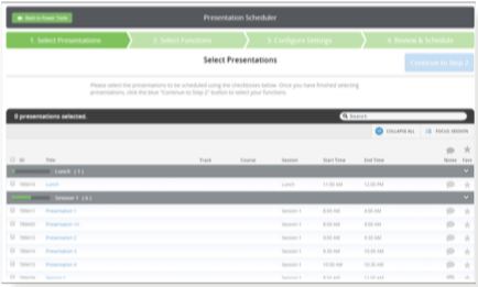 The Presentation Scheduler will be used to schedule submissions migrated as presentations from the Scorecard, or presentations imported into the Harvester, within the Logistics Module after Functions have been created. The step-by-step tool will walk you through how to schedule presentations within the assigned Functions.