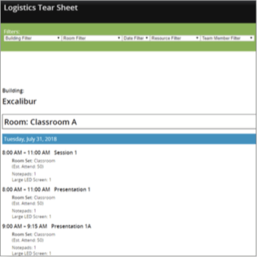 The Logistics Module will feature two major Tear Sheets. One Tear Sheet will be team member specific, allowing you to print off individualized schedules for each team member. The Tear Sheet shown in the screenshot will allow you to filter by building, room, date, resource, and/ or team member to create specific tear sheets to meet your events’ needs.