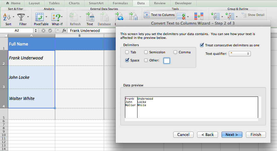 Defining a delimiter under Excel's Text to Column option allows you to split text in a single column to multiple columns.