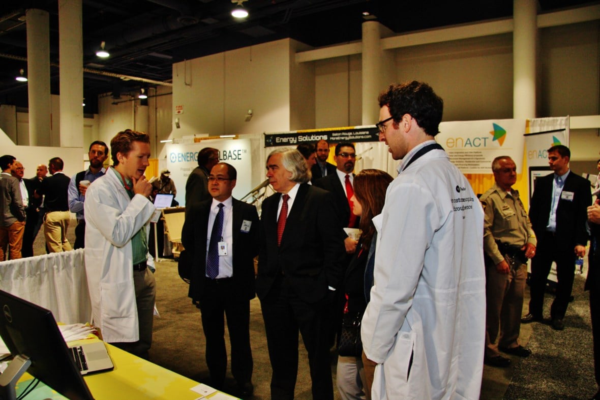 Secretary of Energy, Ernest Moniz, visiting finalists in the SPI Start Up Alley. This particular company went on to win the Start Up Alley Challenge. CadmiumCD's Abstract Scorecard was used to select these winners.