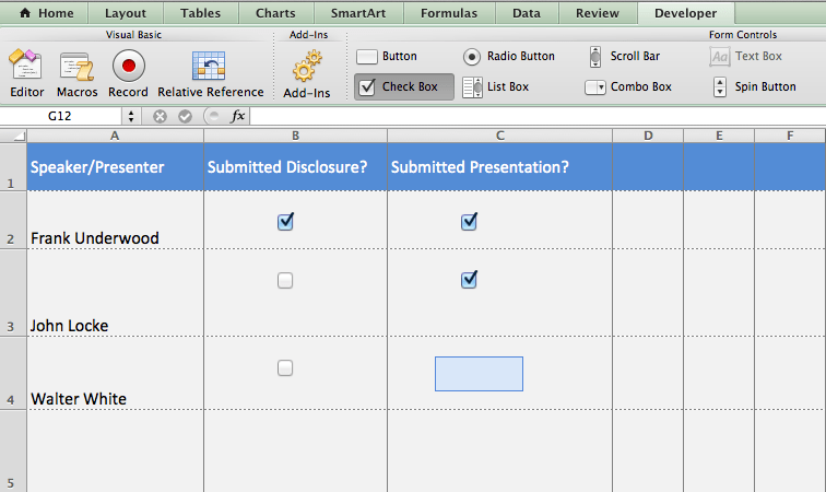 If you're managing certain tasks through Email, Word, and Excel, use Excel's check box object to keep track of submissions and completed tasks.