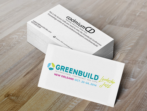 CadmiumCD's recycled conference proceedings keycards printed with plant-based ink for Greenbuild 2014.