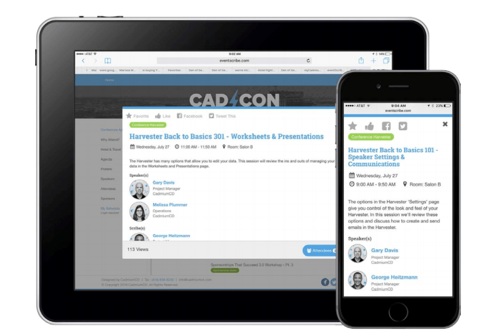Screenshot of what a conference session looks like on eventScribe website version 2.0 on both an iPad and iPhone.