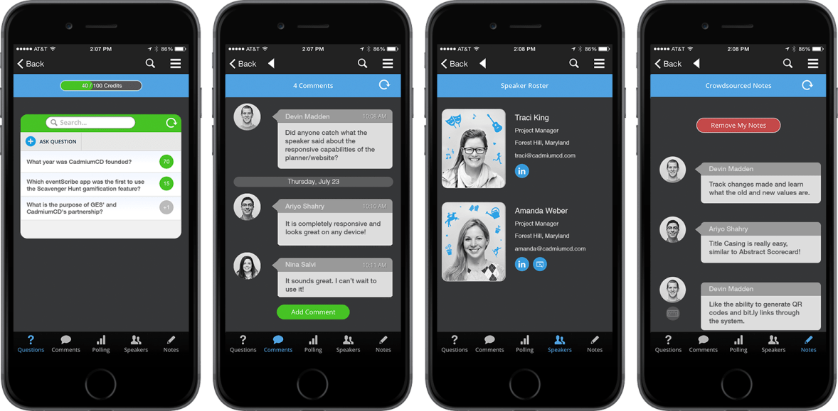 CadmiumCD wanted to add increased functionality to the eventScribe app Audience Response System (ARS). This led them to include social features such as notes sharing, social media accounts, and live commenting.