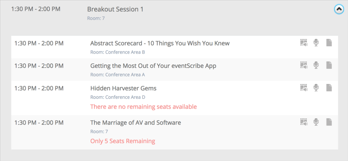 The eventScribe Itinerary Planner by CadmiumCD now allows attendees to register for sessions with a limited number of seats. A red block of text appears below the title of the session highlighting the number of seats available.